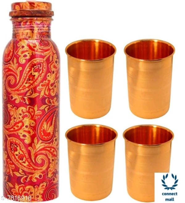 SS Pure Copper 1000 ML Water Bottle With 4 Copper Glass Drinkware Set